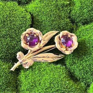 Sterling Silver 925 Floral Pin Brooch W Amethyst Colored Accents Vintage